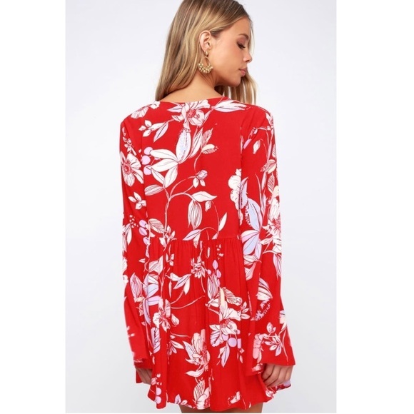 Free People Bella Red Floral Print Bohemian Flowy Tropical Tunic - Picture 2 of 10